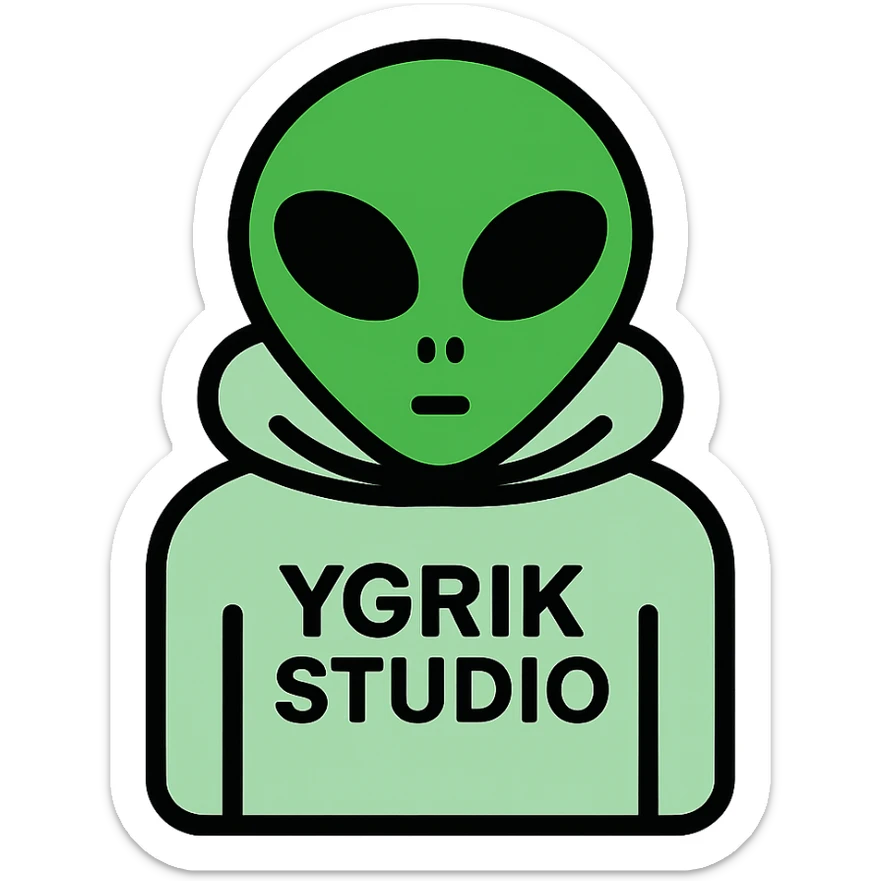 green alien with large black eyes and small nose wearing a light green hoodie with the text 'YGRIK.STUDIO', icon style sticker
