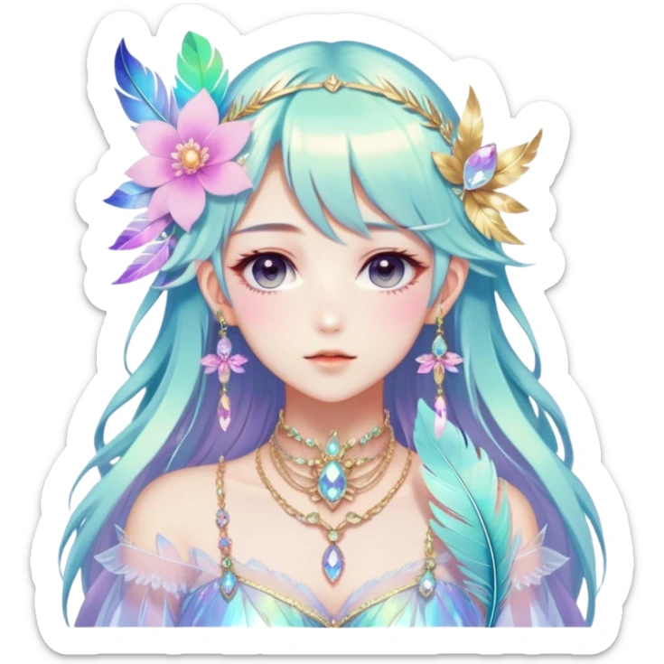 Beautiful gorgeous anime lady with beautiful iridescent-special-hair, fashion aesthetic, ethereal, fairycore, pastelcore, feather, flower, crystals, accessories, jewelries, gold, colorful sticker
