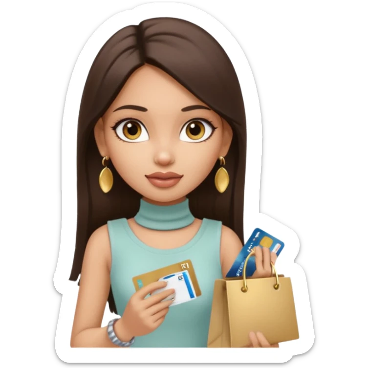 a pretty bratz fair indian girl wearing a beige sleeveless turtleneck, golden earrings, straight ling hair, holding bank cards, dark brown hair, carrying shopping bags sticker
