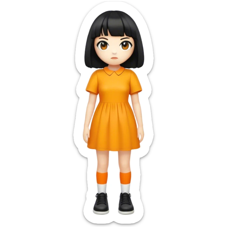 “A full-body emoji-style illustration of the Squid Game doll, designed in the aesthetic of iPhone emojis. The doll has a round face, short black hair with bangs, and wears an orange dress with a yellow shirt underneath. Her legs are covered with white socks, and she wears black shoes. She stands upright with a neutral but slightly eerie expression. The style is clean, simple, and polished, resembling Apple’s emoji set with smooth gradients and minimal shading. The background is plain or slightly blurred to keep the focus on the character.” sticker