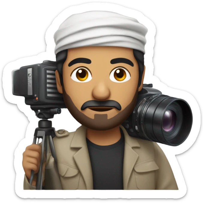 middle eastern film director with black piled short hair holding a cinema camera sticker