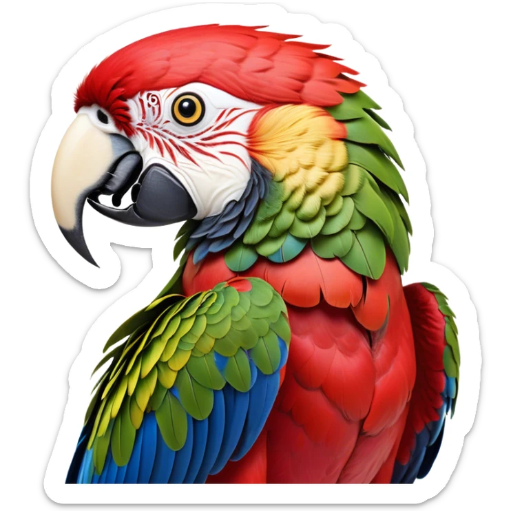 Cinematic Realistic Noble Macaw Portrait Emoji, Poised and majestic, with a robust, vibrant build and meticulously detailed plumage in scarlet, deep blue, and touches of gold, a strong, curved beak and piercing, intelligent eyes, rendered with lifelike feather texture and natural lighting, high shine, commanding and regal, styled with an air of tropical authority, focused and attentive, soft glowing outline, capturing the essence of a watchful and confident macaw that appears ready to soar out of the screen with effortless splendor! sticker