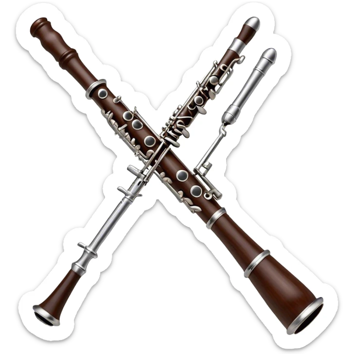 Cinematic Realistic Oboe, slender and elegant dark wood body, silver-plated keys catching soft highlights, delicate reed resting at the top, glowing with refined and classical beauty. sticker