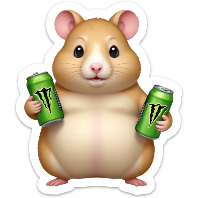 Funny cartoon-style fat hamster wide eyed like a crackhead holding a can of monster energy in one hand and redbull in the other hand sticker