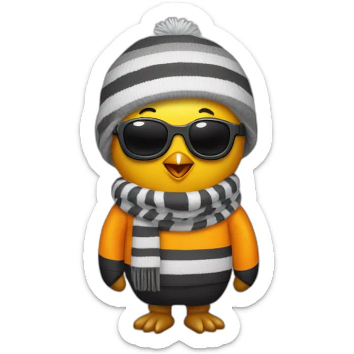 Club-Pengun-yellow penguin with black glasses dirtyblonde hair with orange tshirt and gray striped scarf sticker