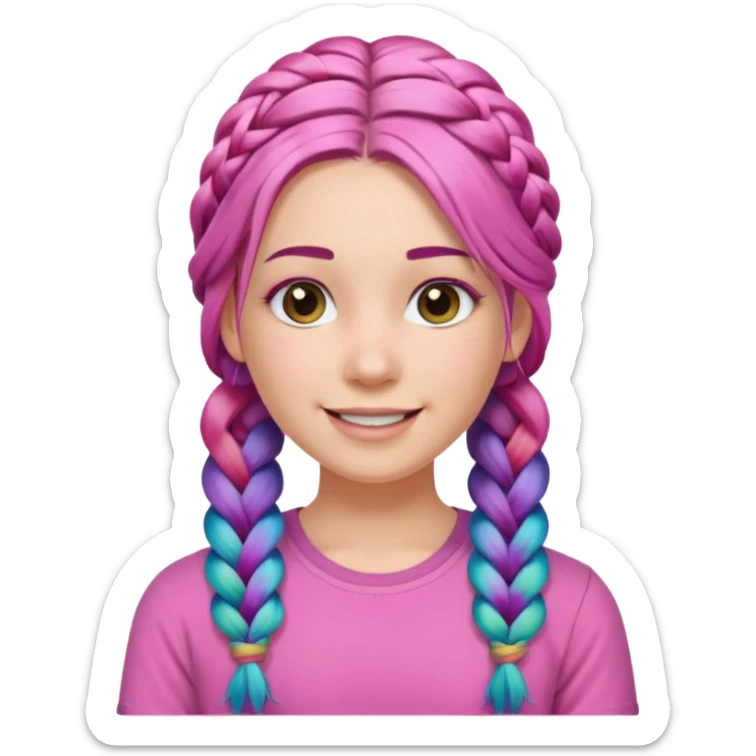 Woman with braided rainbow hair, happy — long braids, pink shirt sticker