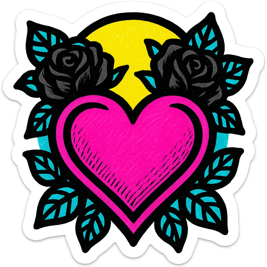 gothic heart with dark roses, pink and black colors, pop colors style sticker