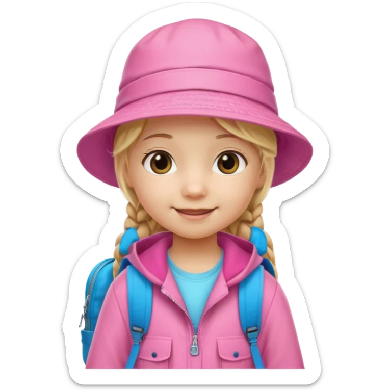 Little girl kid student, long braid blonde, wears pink bucket hat and jacket, backpack, happy sticker
