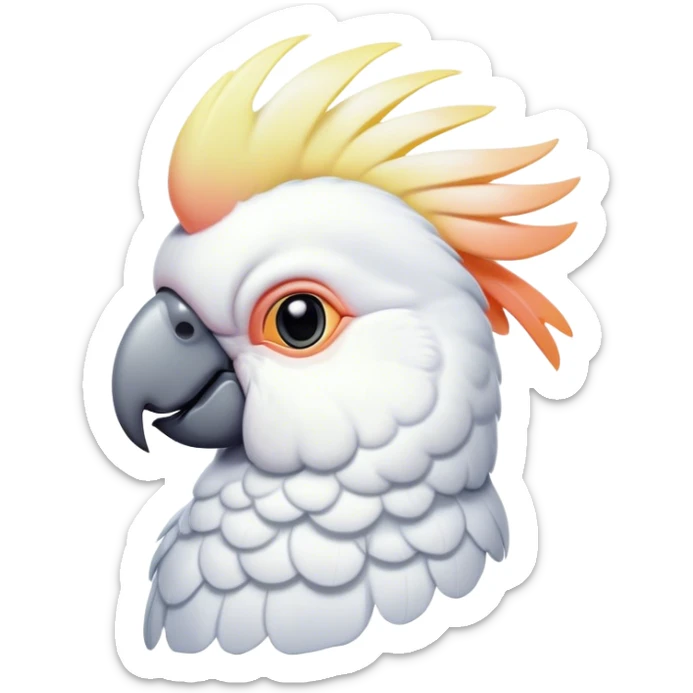 Cinematic Noble Cockatoo Portrait Emoji, Poised and regal, with a striking, crest-adorned head of brilliant white and pastel hues, a robust, curved beak, and piercing, intelligent eyes, Simplified yet sharp and sophisticated features, highly detailed, glowing with a soft, tropical luminescence, high shine, intelligent and majestic, stylized with an air of avian elegance, focused and alert, soft glowing outline, capturing the essence of a watchful and confident cockatoo that appears ready to unfurl its crest out of the screen with effortless authority! sticker