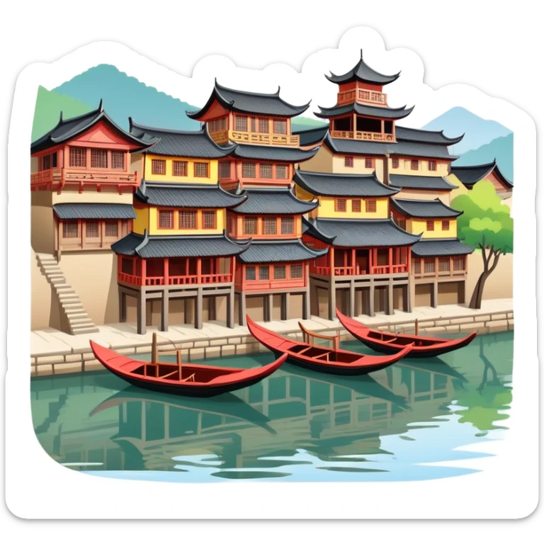 Fenghuang Ancient Town with wooden stilt houses by river, simplified emoji style with bold outlines and bright colors, cartoon style traditional Chinese buildings sticker