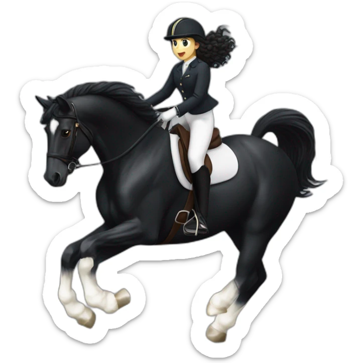 a  JET BLACK HORSE JUMPING AN OBTACLE, THE HORSE HAS A WHITE BLAZE AND THREE WHITE SOCKS. tHE HORSES RIDER IS A YOUNG FEMALE WITH LONG CURLY BRUNNET HAIR sticker