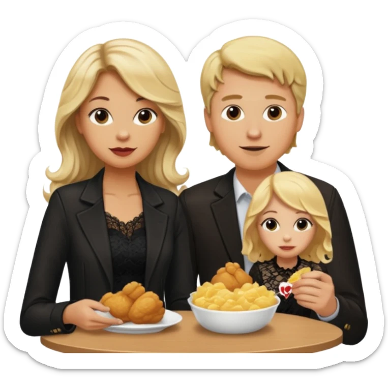 Love tan woman long wavy blonde hair and black lace  with  a man short blonde hair wearing Brown  jacket eating chick filet  sticker