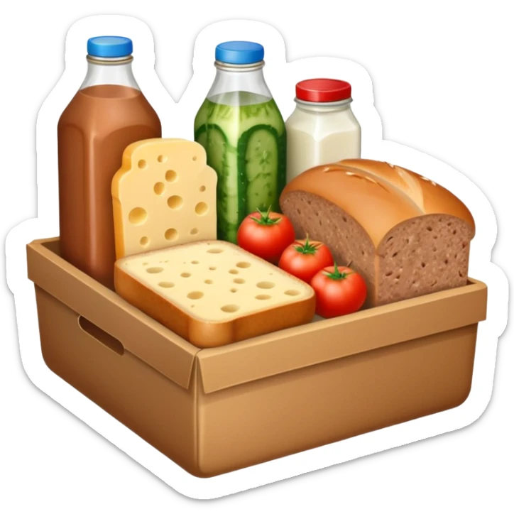 a box of groceries, sausage, cheese, canned meat, herbs, milk, tomatoes, cucumbers, and a loaf of bread sticker