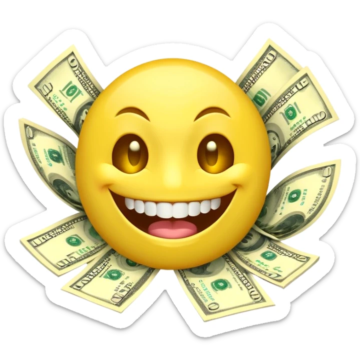 3D glossy emoji sticker, dollar-sign eyes, huge toothy grin, mouth stuffed with US dollar bills spilling out, floating banknotes, centered, transparent background sticker
