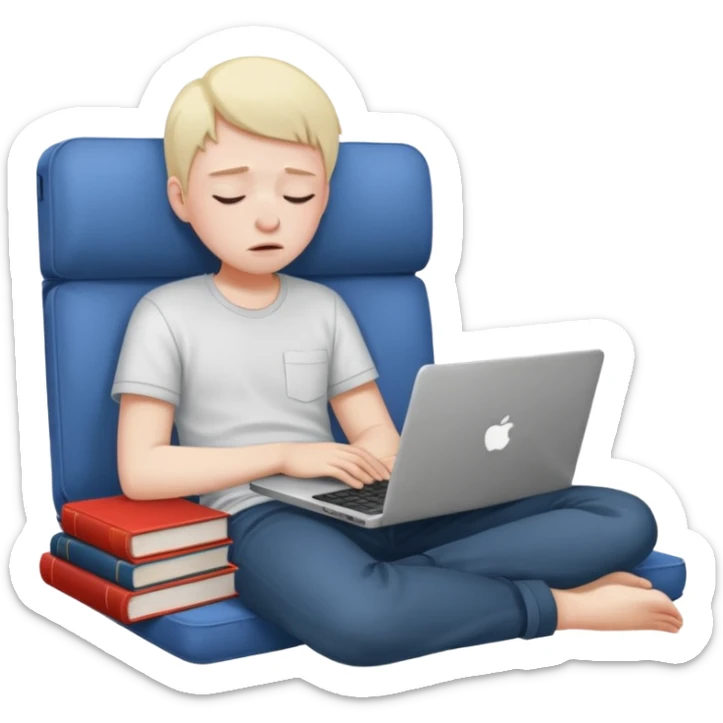 a student crashing out with the laptop on the lap and books on the side -  an emoji for the emoji keyboard  sticker