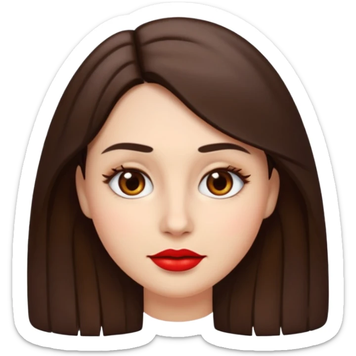 A woman emoji with fair skin, slightly wavy dark brown hair parted in the middle, an oval-shaped face, arched dark eyebrows, almond-shaped brown eyes, a small straight nose, and red lips. sticker
