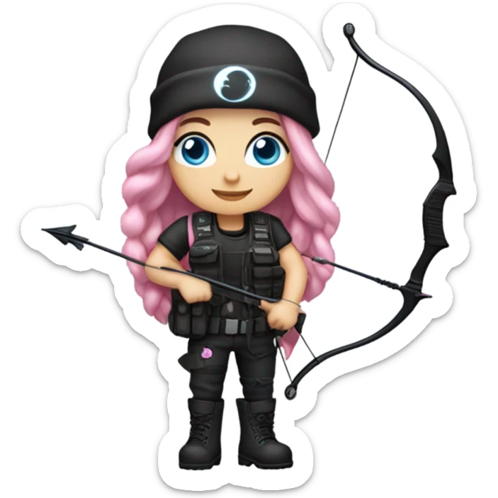 girl, white skin, tactical vest, dark pants, long pink hair, blue eyes, black beanie hat with crescent moon on front, black combat boots, bow and arrow sticker