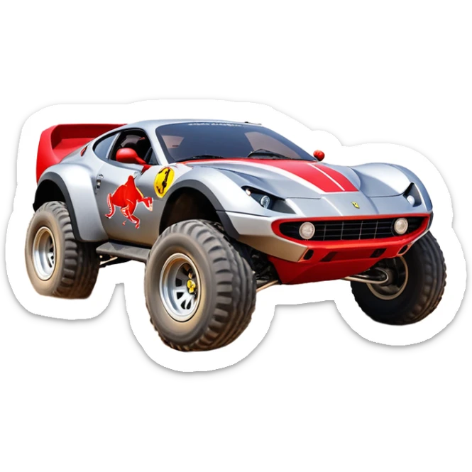 Satan’s RedBull Ferrari-colored Dirty and dented Local Motors Rally Fighter off road race car hot rod trophy truck-style basher flying on a dusty road (silver wheels) sticker