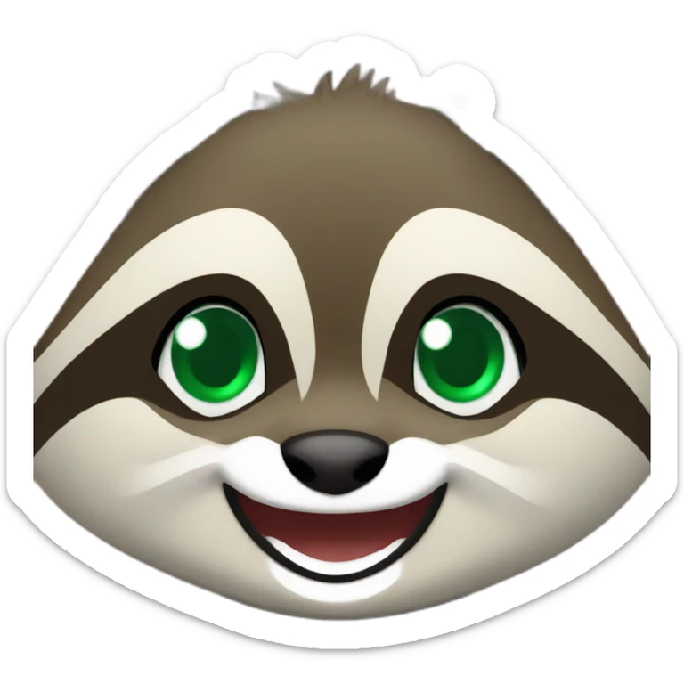 brown raccoon with orange eyes and a dark green hood that is laughing sticker