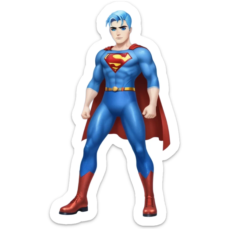 Very tall-very very very large chest-really angry-stomping foot-very long straight flat black to sky blue hair ombre-blue eyes-black eyeliner-long eyelashes-iridescent superman tshort with glitter superman logo-overalls-lip pierced sticker