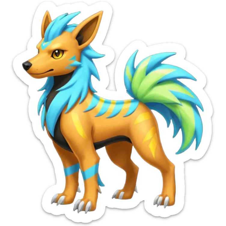 Cyan manectric-Electrike-Zeraora-Houndoom-fusion with neon-green stripes and orange eyes  sticker
