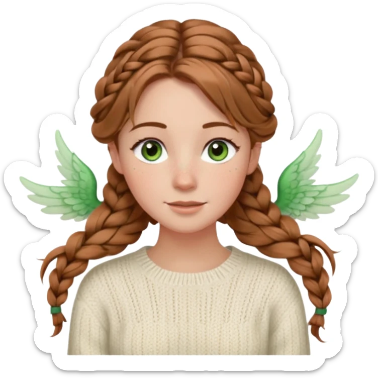 light brown hair hazel/green eyes woman with a white cable knit sweater and one braid down her back  with tendrils of hair flowing down her face and she is happy pale, some freckles, blush. she has a cateye wing and long lashes sticker