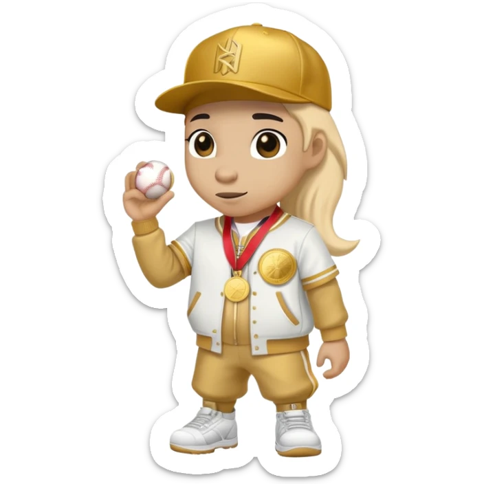 anthropomorphised horse in a hip-hop outfit, wearing a gold medal and a baseball hat sticker