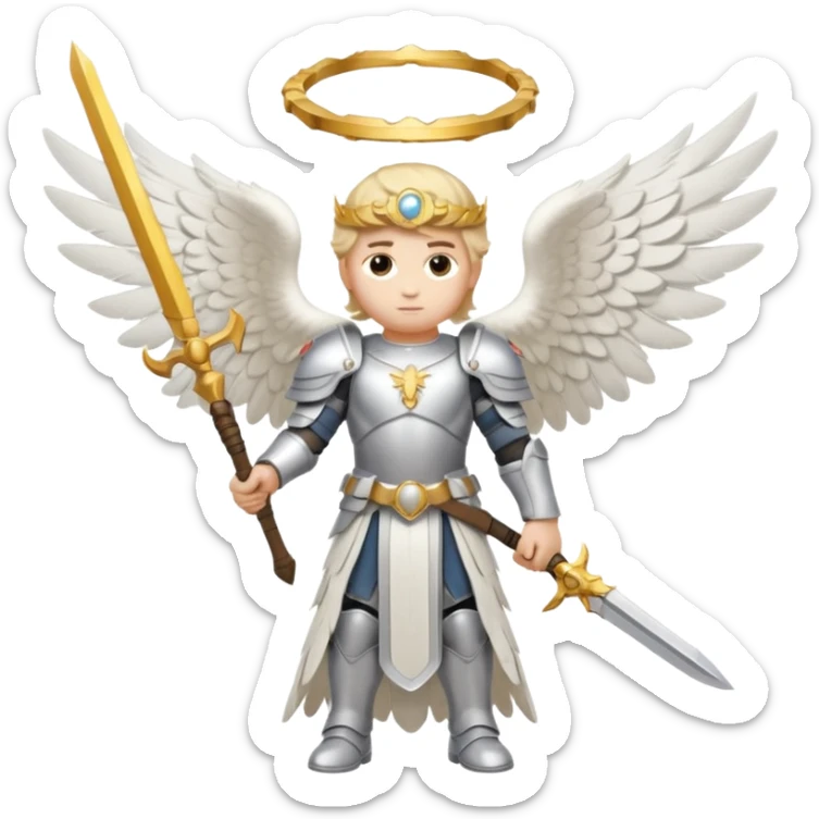 Michael the archangel is usually shown in emoji form as a brave, armored figure with a bright halo, wings, and a weapon.  sticker