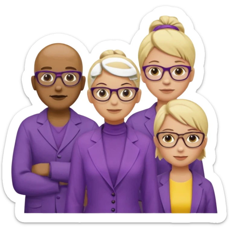 FIVE person team; 2 men and 3 women.  All dressed in yellow or purple.  2 caucasian women have blonde and 1 has ash blonde hair tied up.  1 man is African-american and bald, 1 man is caucasian and very little hair left.  All have glasses sticker