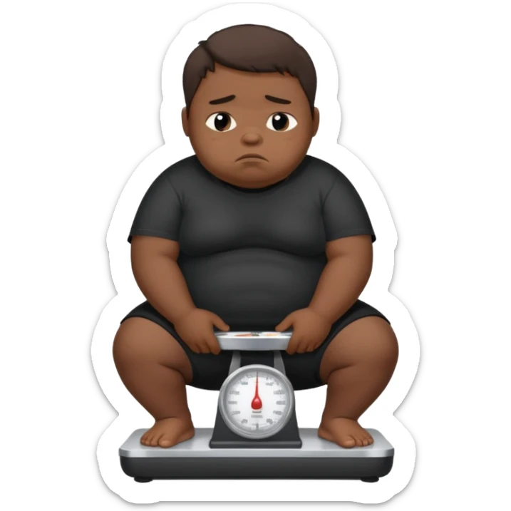 sad fat young boy in black t shirt on weight scale crying because sadness sticker