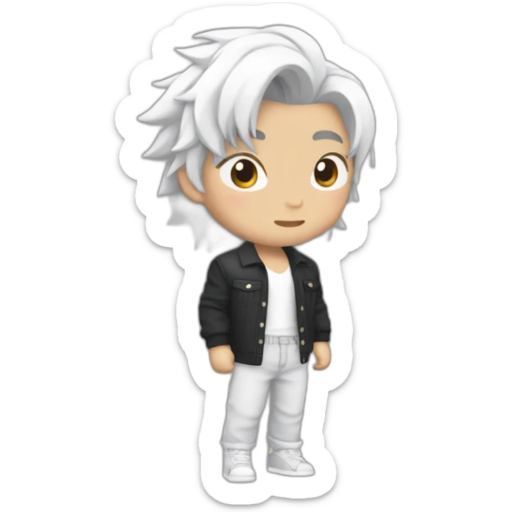 Chinese idol wearing white straps, gray pants and black shirt with white hair sticker