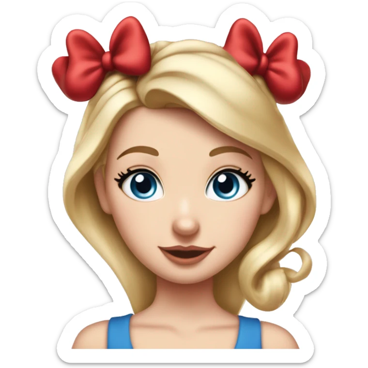 White girl, with blue eyes, short straight blonde hair, elegant with a big red bow on her head and Minnie Mouse ears on her head. 
Mouse ears on her head. Super chick and elegant sticker