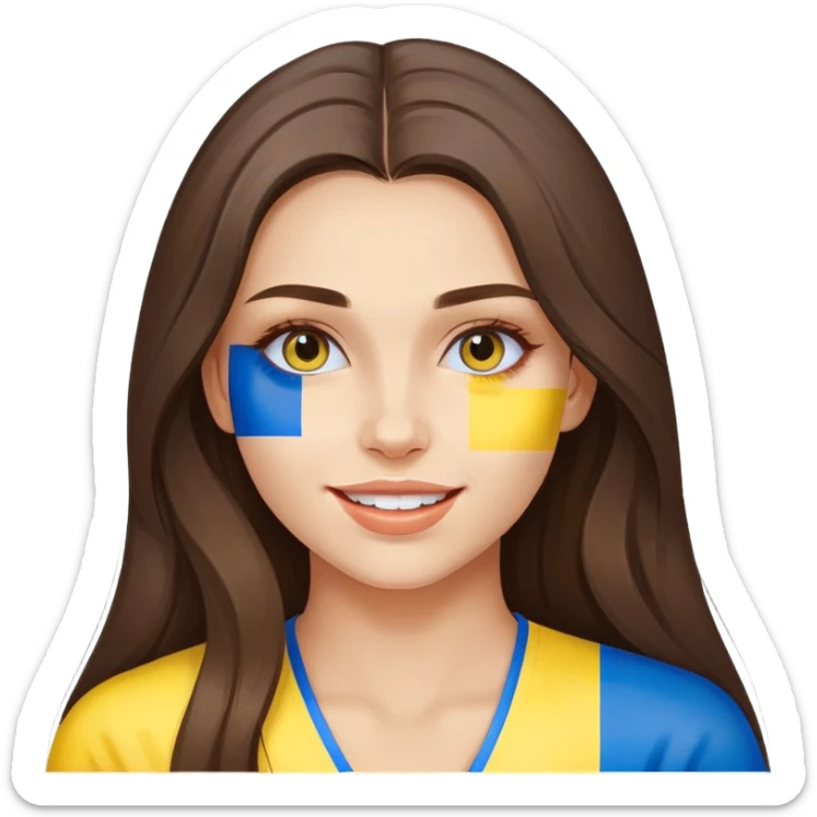 Brunette woman with long hair, Ukrainian flag (blue and yellow) painted on her cheek, happy expression sticker