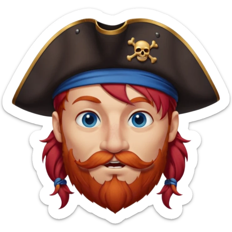 french pirate with hair that fades from brown to red , blue eyes, strong nose and a chin dimple winking and licking his mouth seductively sticker