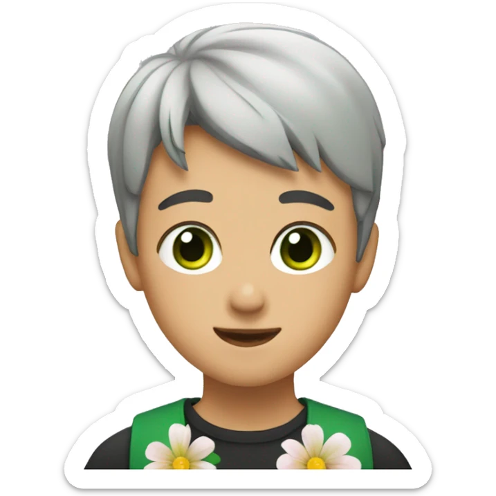 Boy with a green eyes and dark short hair stay with a flowers sticker