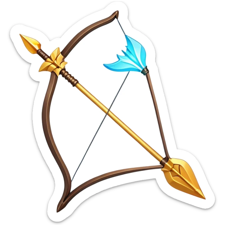 Clash of Clans aesthetic: Cinematic Playful 3D Isometric Bow & Arrows Emoji, rendered in a 3D vector-style similar to standard emojis with minimal shading and bold, simplified shapes. A compact, distinct form with signature details, softly glowing with a fantasy RPG magic charm. Simplified yet unmistakably iconic, highly detailed and consistent, glowing with a soft radiance and high shine. Stylized with a touch of heroic grandeur and a soft glowing outline, capturing the essence of a beloved gaming relic with a friendly, playful manner! sticker