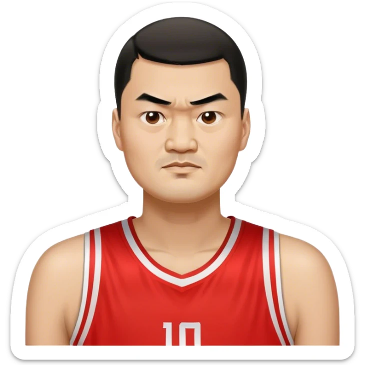 Yao Ming – Cinematic Realistic Portrait of Yao Ming, depicted as a towering basketball icon in a modern uniform, with a gentle yet determined expression and dynamic arena lighting that highlights his immense stature and graceful athleticism. sticker
