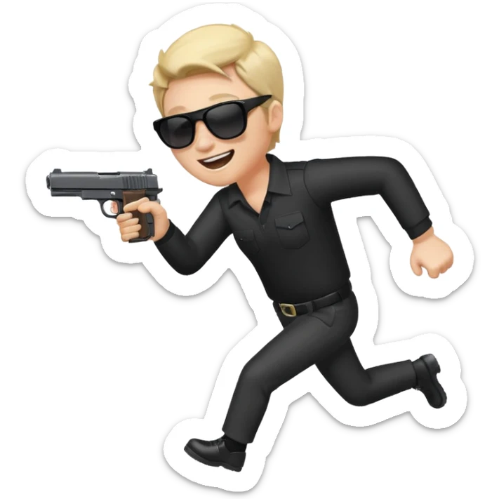 Quiero un emoji con lentes negros con una pistola automática en la mano riéndose y pasandose la pistola por la cara sticker