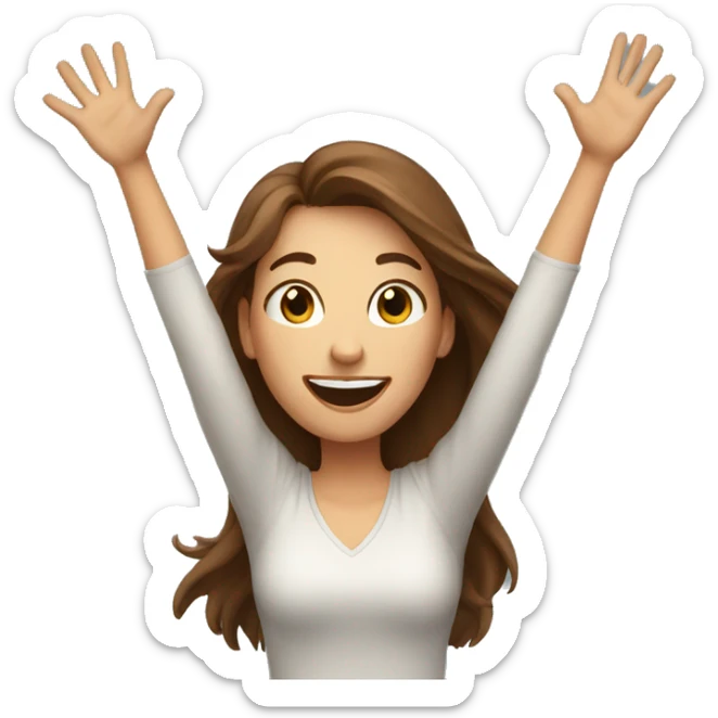 excited woman with long brown hair with arms raised above head sticker