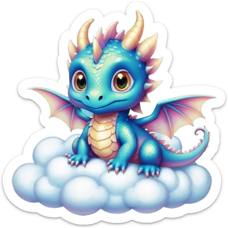 Airbrush painted image of an adorable little baby dragon with large glistening eyes sitting on a cloud under a deep galactic sky with pearlescent scales and wings spread against the stars sticker