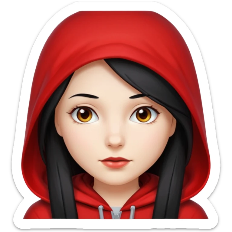 white girl with long straight black hair and a white streak, wearing a red hood sticker