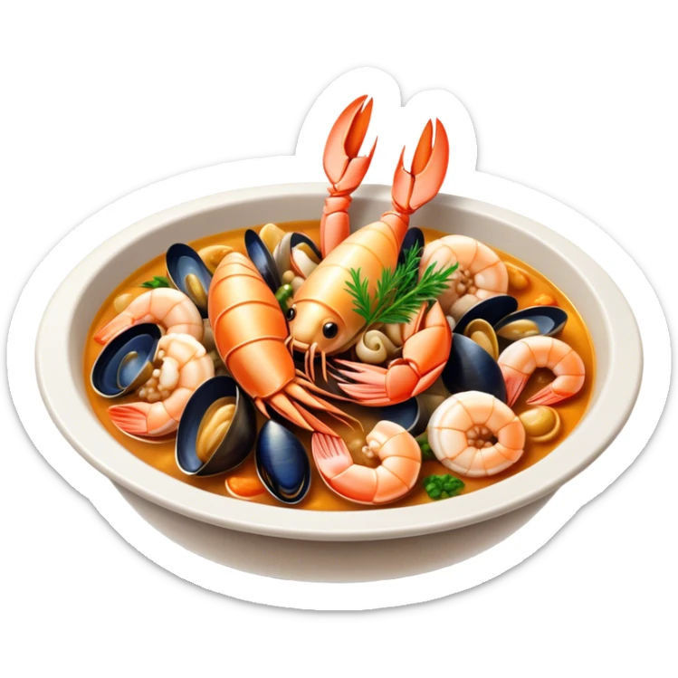 Cinematic Realistic Buzara Seafood Dish Emoji, depicted as a rustic, flavorful seafood stew with shellfish rendered with rich textures and dynamic, maritime lighting. sticker
