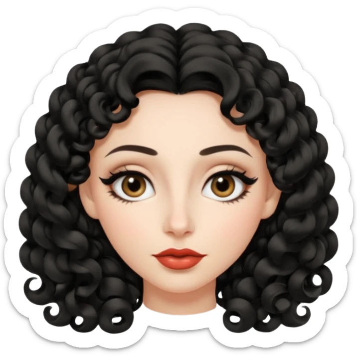 persona mujer con piel clara y rizos suaves color negro y largos  y sin volumen y con delineador en los ojos y con los labios medianos, ojos almendrados y nariz respringada sticker