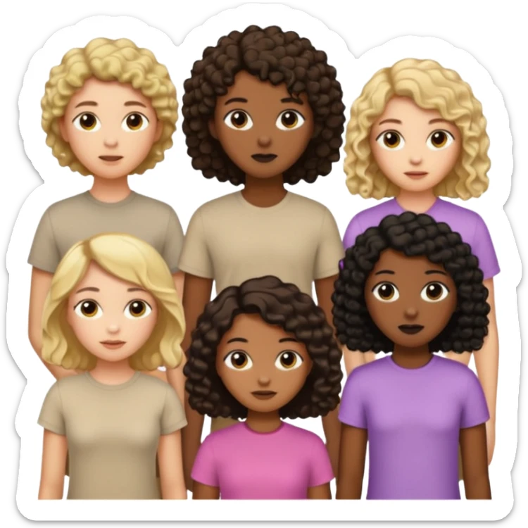 group of people  together ; men and women with one with brown straight hair one with blonde hair and one with black curly hair- short hair, long hair and curly hair wearing beige shirts aesthetic no collar, brown people, white people, black people sticker