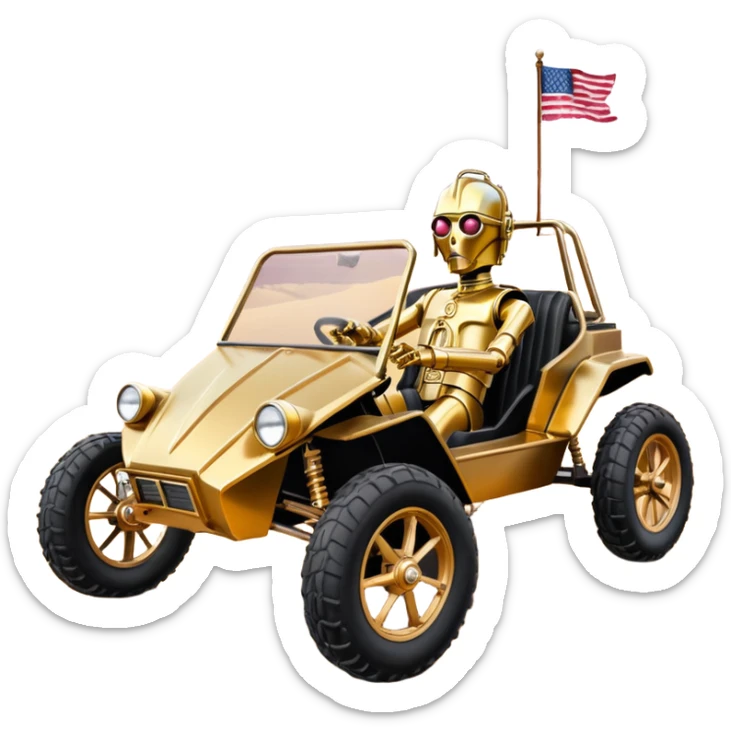 Old American West tarnished neon underglow C-3PO bounty hunter 1754 delicately ornate rosegold accents painted dune buggy buckboard wagon powered by electric motors and batteries with safety and belts flying rapidly roughening terrain stable on strong agile advanced suspension and steering sticker