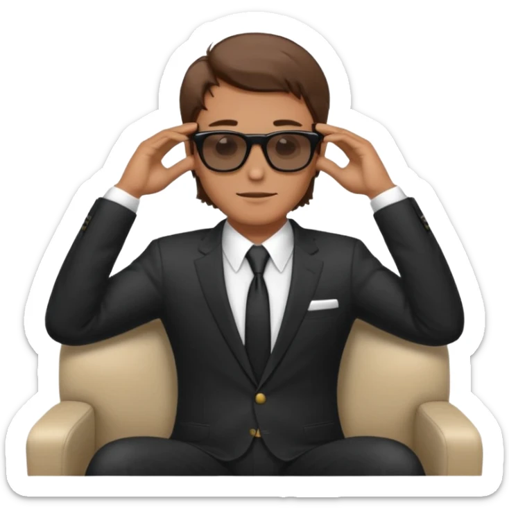 white man with brown hairs in formal suit wearing sunglasses resting with hands behind head sticker