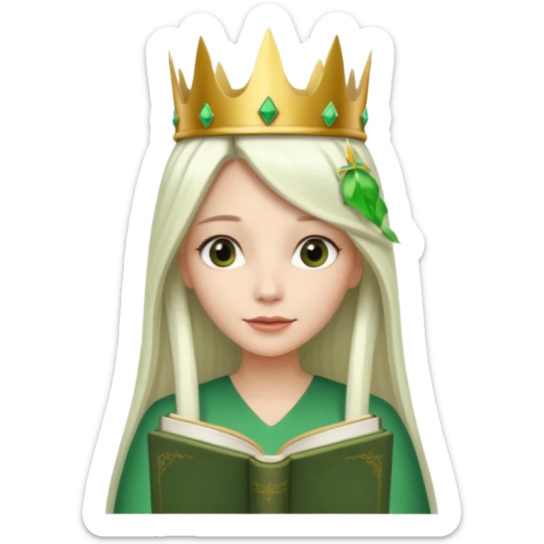 Long Hair Women with green Book, White straight hair, crown

 sticker