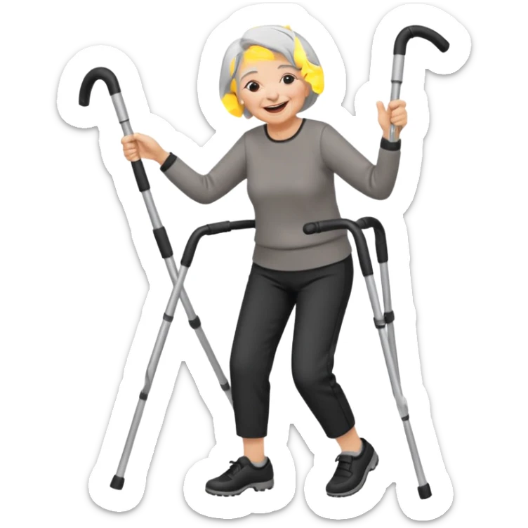 old woman with short hair, dressed with pants, laughing and dancing with crutches sticker