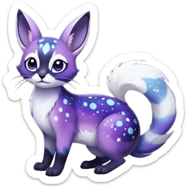 Colorful black-violet-indigo-purple-gradients nebulae nebula white stars-sparkles-markings galactical shiny white-stars-spotted glorious iridescent divine exotic cute cool beautiful realistic Meloetta-caracal-civet-sergal-bunny-oncilla-animal-Fakémon-hybrid-fursona (full body) sticker