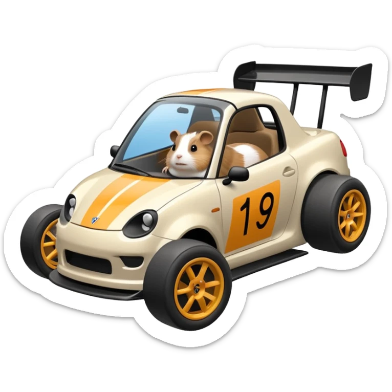 Racing drift car whose frame and suspension is made of shopping cart material with a large rear spoiler is being professionally steered driven by a small thin Guinea pig  sticker